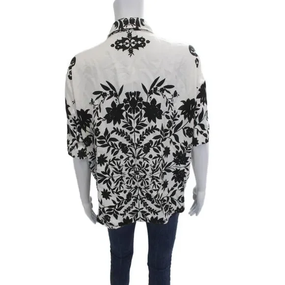 Zara Womens Black Floral Collared Button-Up Short Sleeve Top Size L - Picture 3 of 6